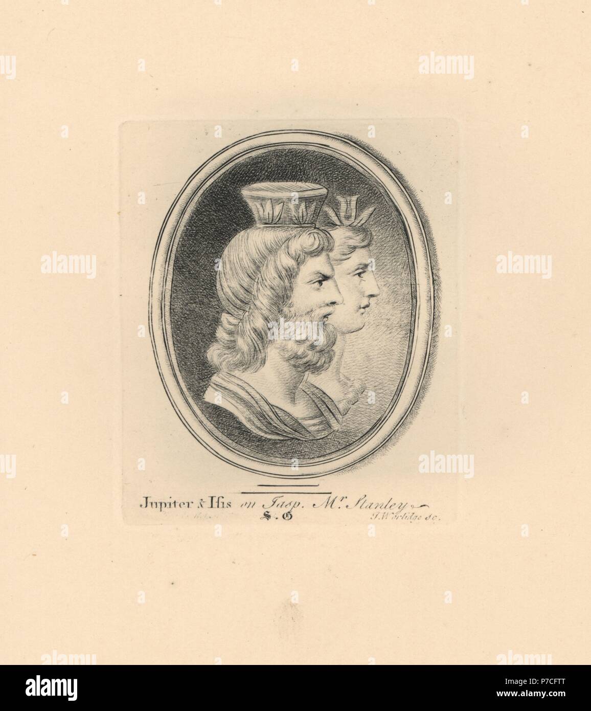 Ritratto di Giove o Giove, divinità romane, con Isis, dea egizia, su jasper dalla collezione del sig. Stanley. Incisione su rame di Thomas Worlidge da James Vallentin di cento e otto Incisioni da gioielli antichi, 1863. Foto Stock