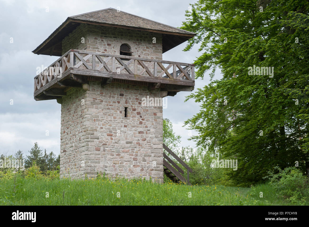 Ricostruita torre di avvistamento romana, grosserlach, REM-murr regione, Baden-Wuerttemberg, Heilbronn-Franconia, Germania Foto Stock