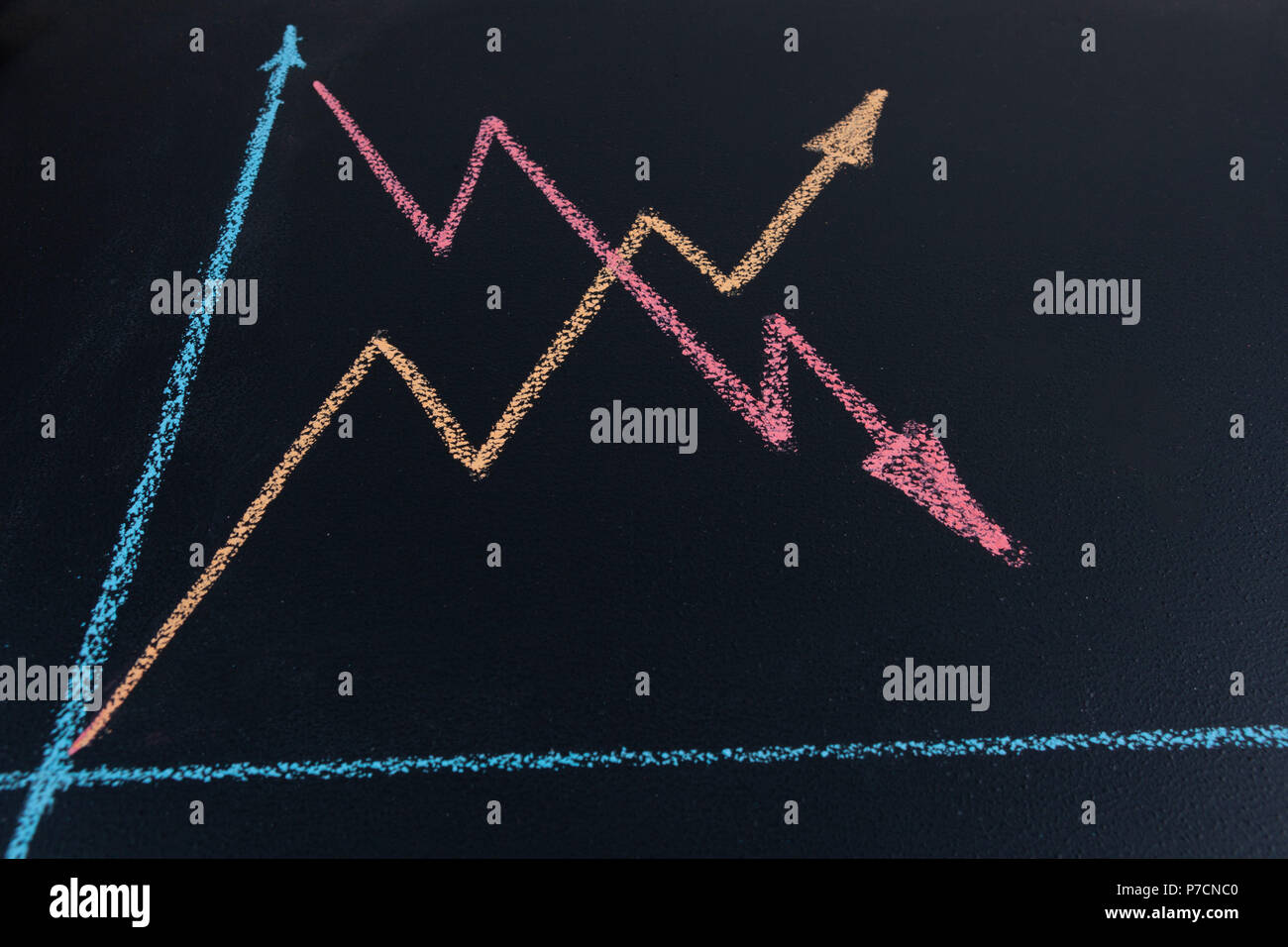 Grafico a linee shoing verso l'alto e verso il basso alle tendenze disegnato con un gessetto sulla lavagna nella prospettiva con spazio di copia Foto Stock