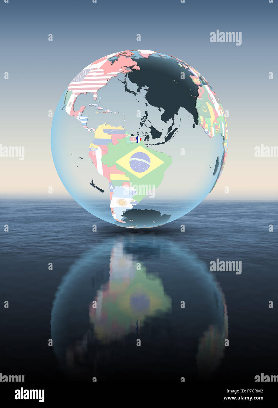 Guiana francese sulla politica di globo galleggiante sopra l'acqua. 3D'illustrazione. Foto Stock