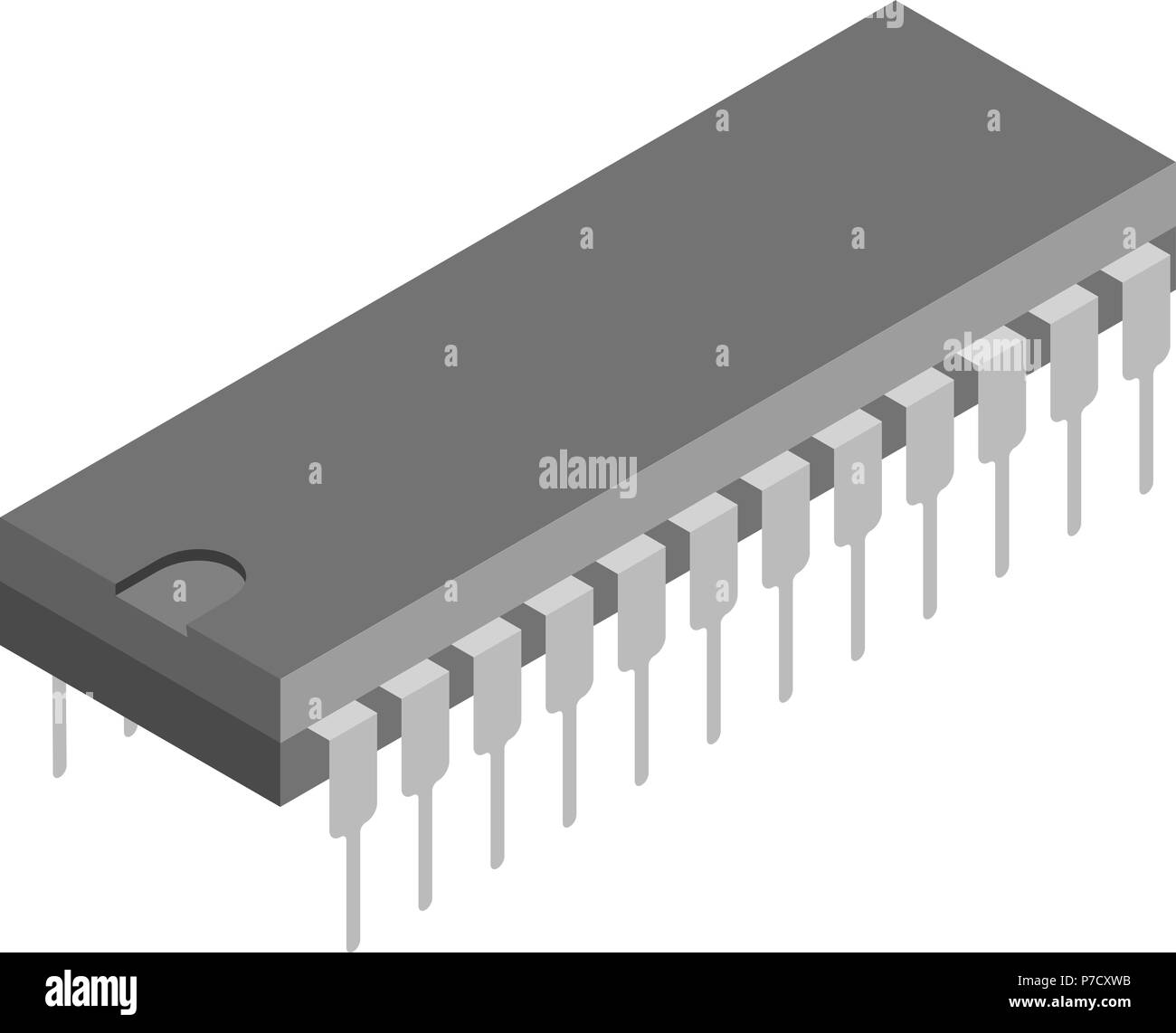 3D illustrazione isometrica di un microchip, chip, CPU, il processore nel pacchetto DIP Illustrazione Vettoriale