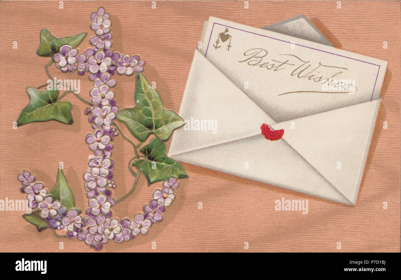Goffrati 1909 Saluti Cartolina che mostra un dispositivo di ancoraggio in viola e lettera Foto Stock