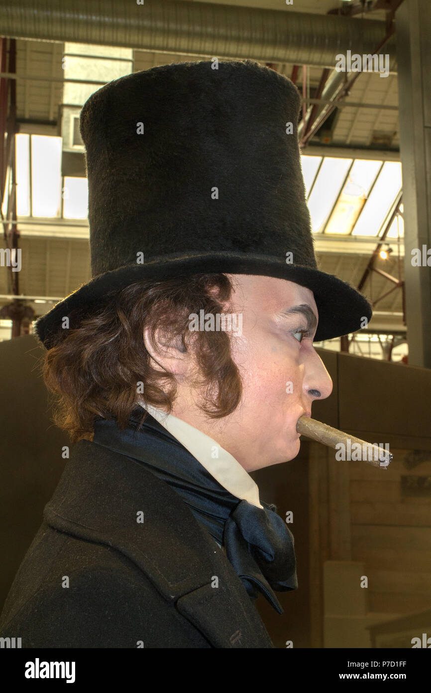 Testa del manichino di Isambard Kingdom Brunel presso il Museo di vapore della Great Western Railway, Swindon, Wiltshire Foto Stock