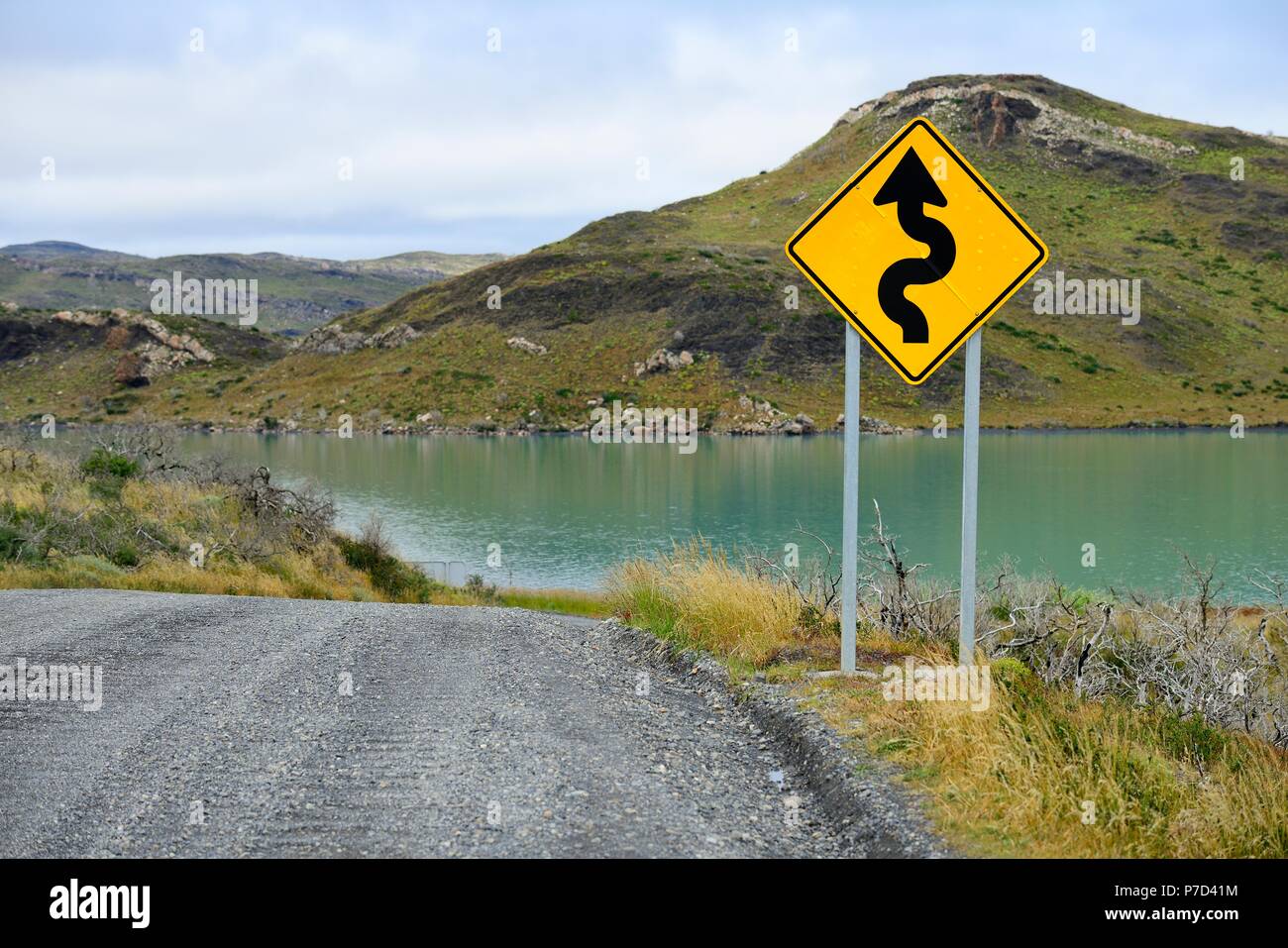 Firmare le curve di attenzione lungo la strada naturale, Laguna Amarga, Parco Nazionale Torres del Paine, Última Esperanza Provincia del Cile Foto Stock
