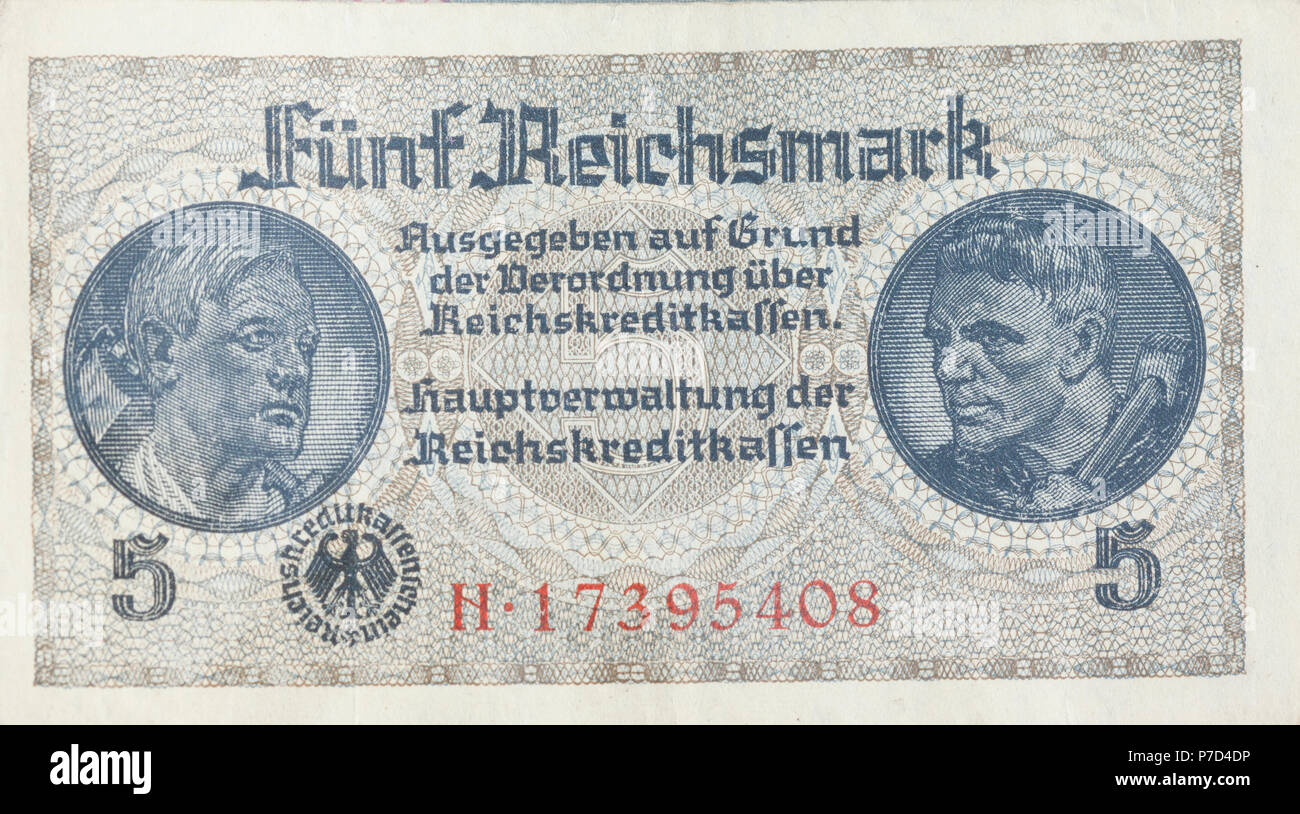 5 Reichsmark, la banconota, complementare, 1939-1945 tematiche della seconda guerra mondiale, Reichskreditkasse Foto Stock