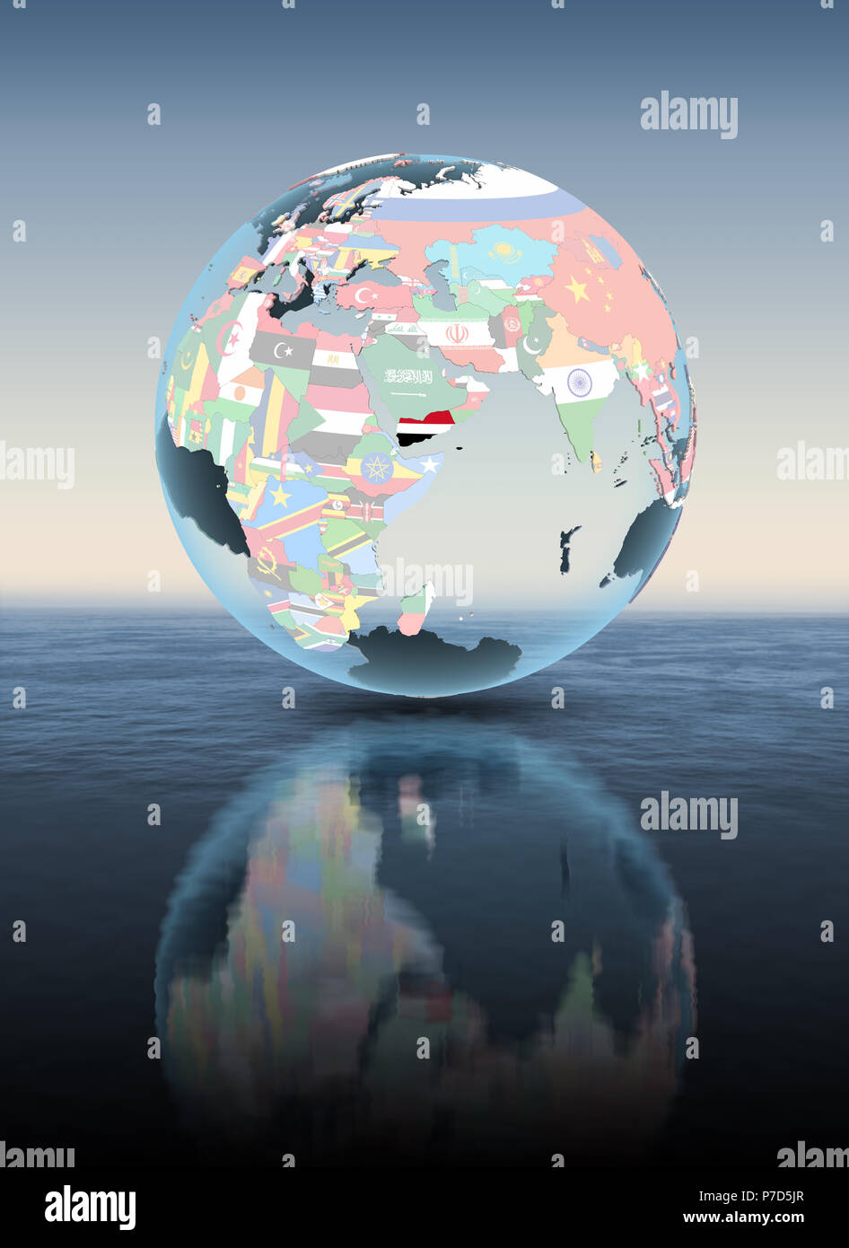 Yemen sulla politica di globo galleggiante sopra l'acqua. 3D'illustrazione. Foto Stock