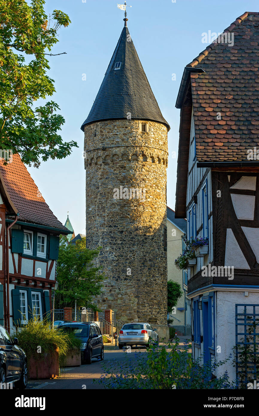 Il romanico Town Hall Tower, Città Vecchia, Bad Homburg vor der Höhe, Hesse, Germania Foto Stock