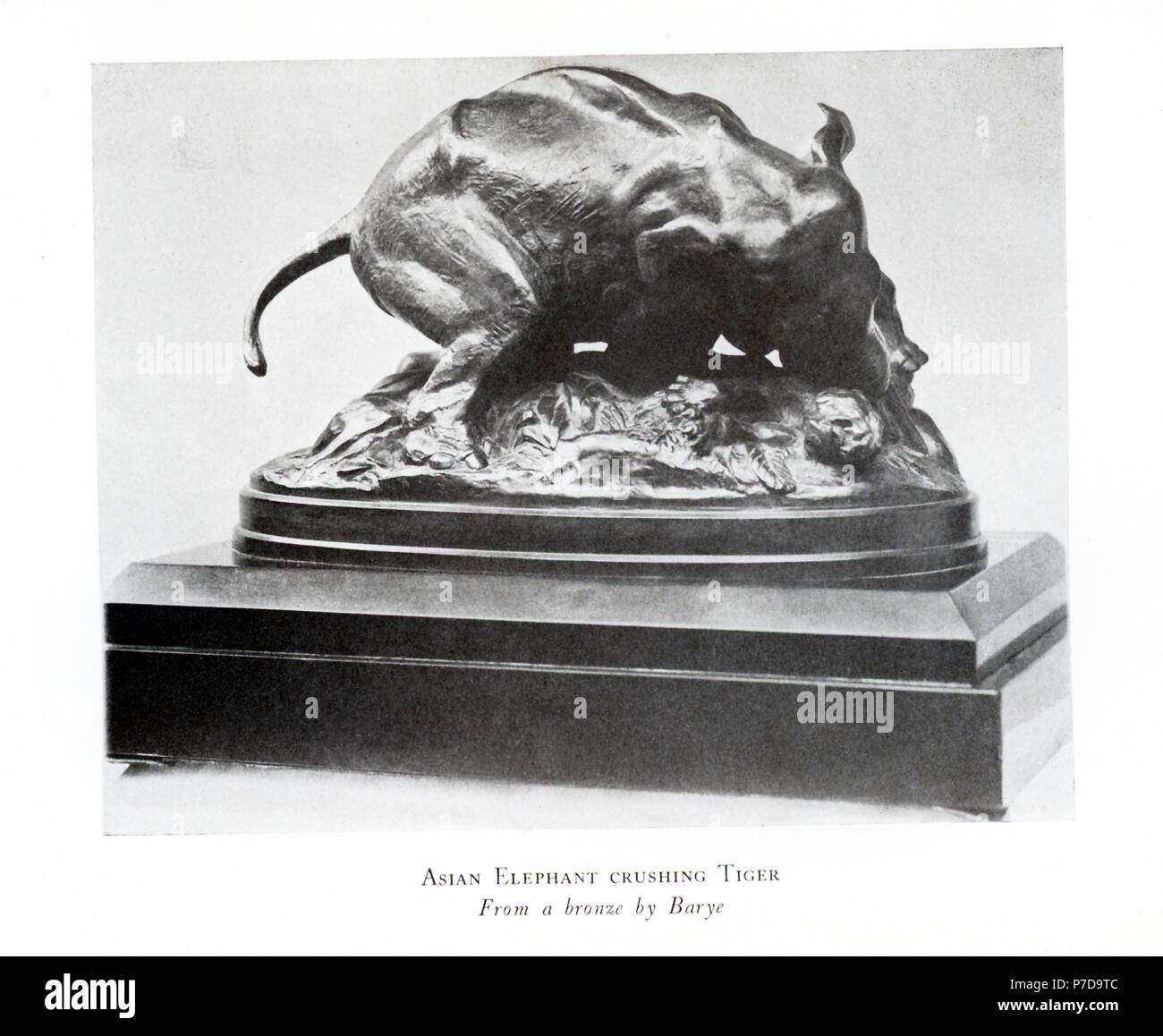 Antoine Louis Barye (1795-1875) era un romantico scultore francese. Egli è meglio conosciuto come scultore di animali (quindi un animalier). Questa scultura in bronzo di Barye è intitolato "Elefante asiatico la frantumazione di Tiger.". Foto Stock