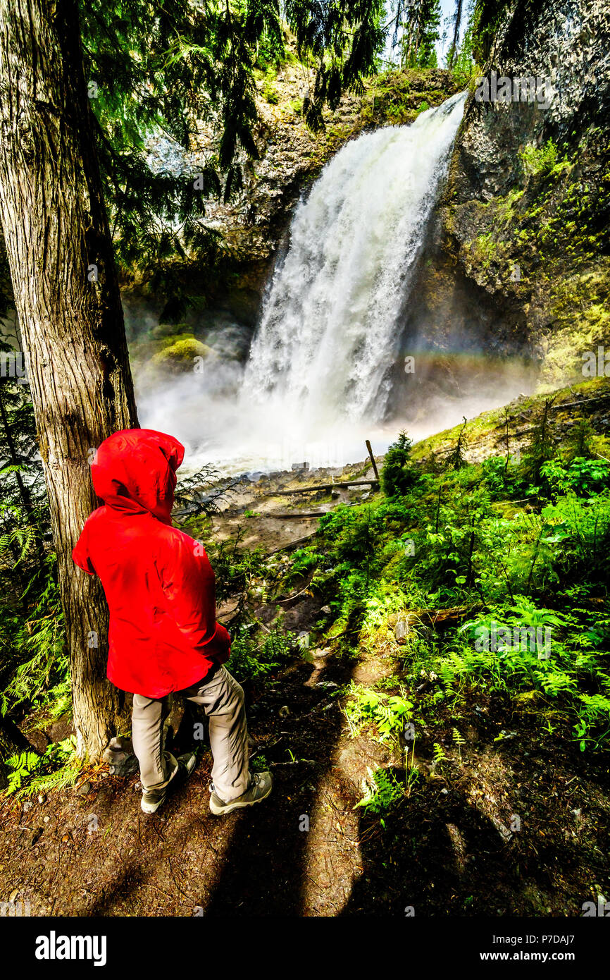 La donna in un impermeabile rosso guardando il massiccio flusso di acqua di Moul cade in Grouse Creek nel Grey Parco Provinciale presso Clearwater, British Columbia, Foto Stock