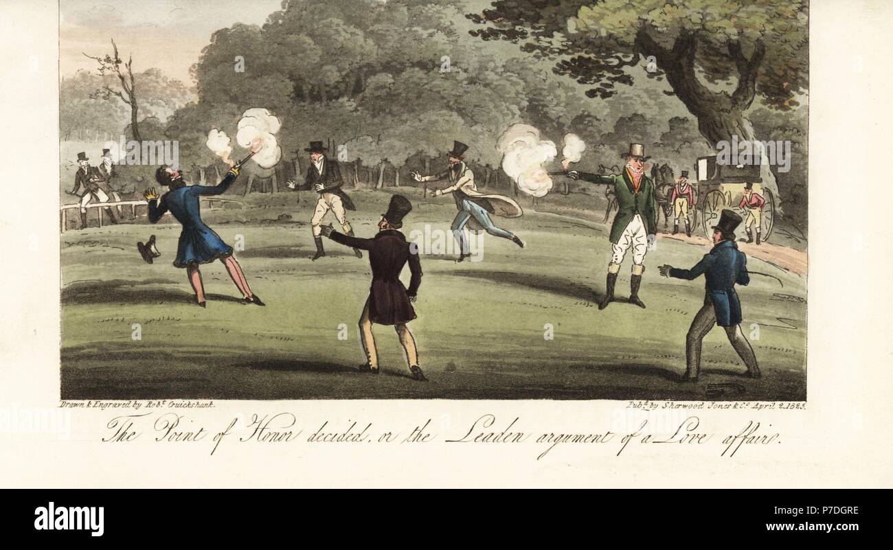 Regency colleghi combattendo contro un duello con pistole in Hyde Park. Il punto d'onore deciso sull'argomento plumbeo di una storia d'Amore. Copperplate Handcolored disegnato e inciso da Robert Cruikshank dall'inglese Spy, Londra, 1825. Scritto da Bernard Blackmantle, uno pseudonimo di Charles Molloy Westmacott. Foto Stock