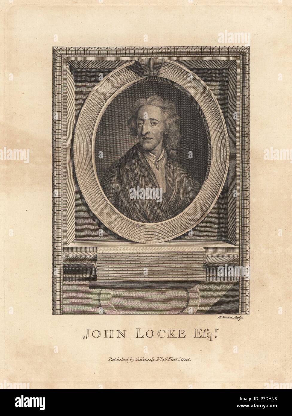 Ritratto di John Locke filosofo inglese e medico, 1632-1704. Incisione su rame di William Smart dalla piastrina di rame rivista mensile o Tesoro, G. Kearsley, Londra, 1778. Foto Stock