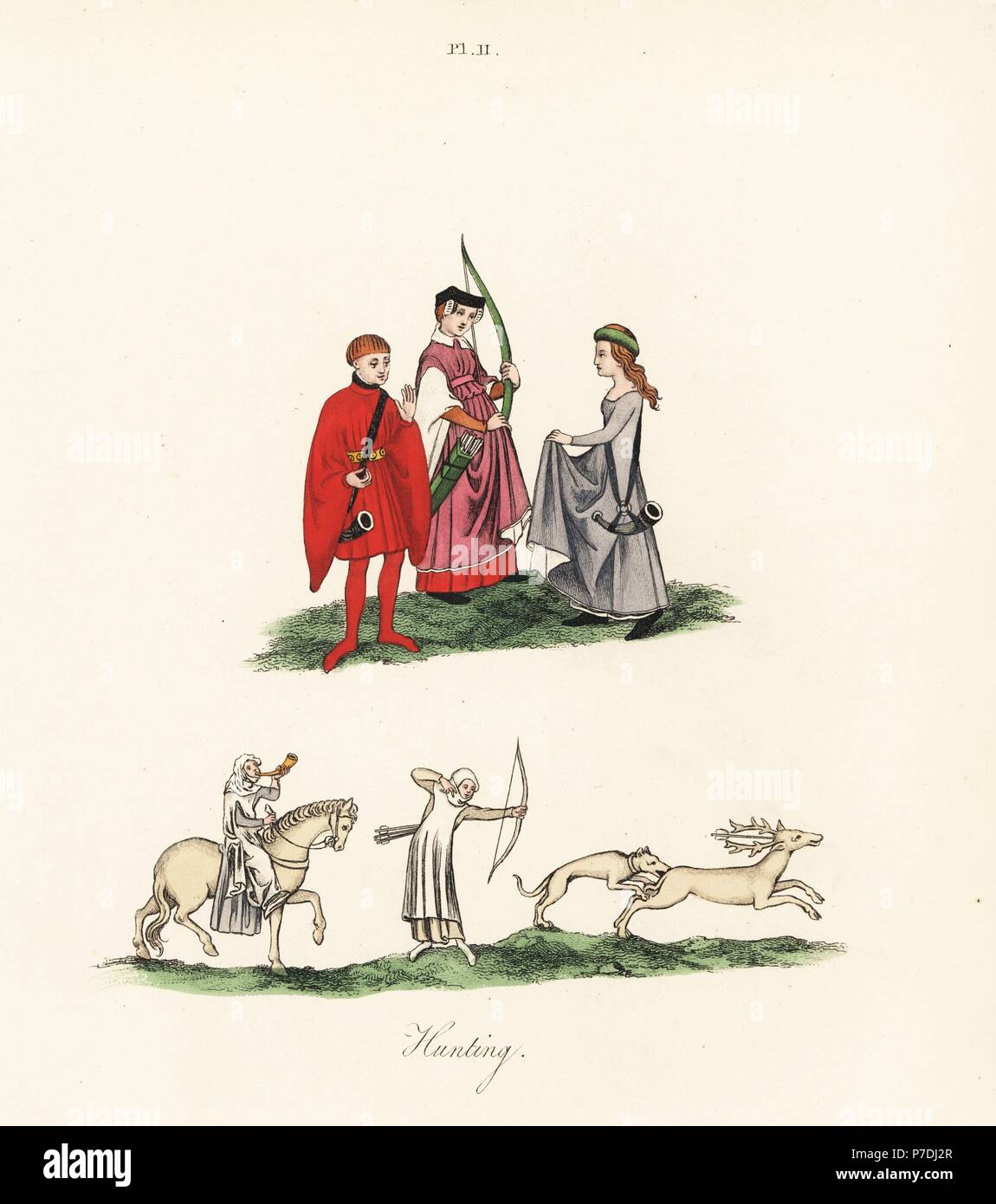 Le donne in abiti da caccia, con longbow, faretra, e corni da caccia, XV secolo (top). Onorevoli cervo caccia con arco e frecce, corno da caccia e cani, xiv secolo (fondo). Litografia Handcolored da Joseph Strutt dal proprio sport e svaghi del popolo d'Inghilterra, Chatto e Windus, Londra, 1876. Foto Stock