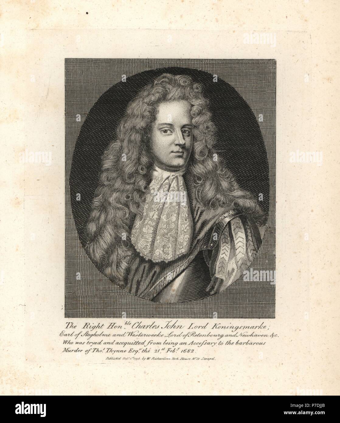 Charles John, Signore Koningsmark, Conte di Stegholme e Westerweeke, provato e assolto di accessorio per l' assassinio di Thomas Thynne, 1682. Incisione su rame da William Richardson ritratti che illustra Granger biografico della storia dell'Inghilterra, London, 1792-1812. James Granger (1723-1776) era un ecclesiastico inglese, biografo e collezionista di stampa. Foto Stock