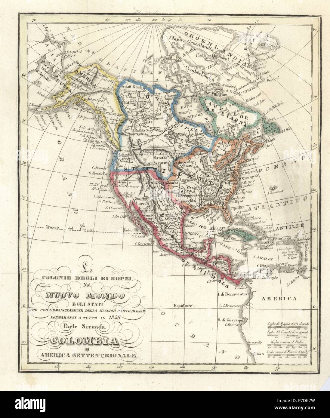 Mappa delle colonie europee nel Nuovo Mondo (America settentrionale e centrale), 1846. Handcolored incisione su rame da Giulio Ferrario le antiche e moderne costumi di tutti i popoli del mondo, Firenze, Italia, 1837. Foto Stock