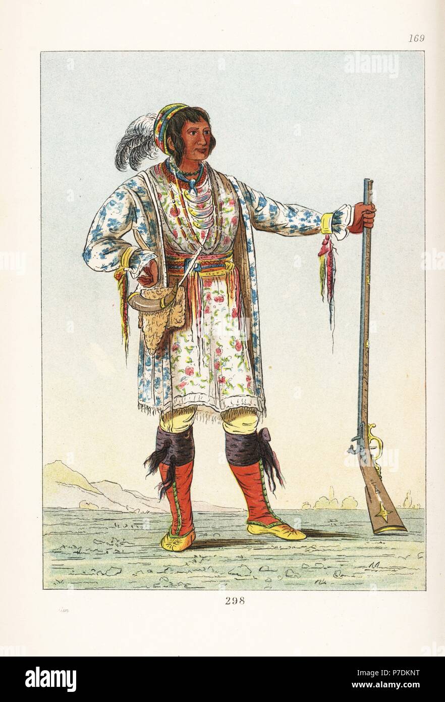 Seminole brave os-ce-o-la, Powell, figlio di un uomo bianco e Creek donna. In turbante e accappatoi di calico, tenendo in mano un fucile, Handcolored litografia dal George Catlin's maniere, doganale e le condizioni degli Indiani del Nord America, Londra, 1841. Foto Stock