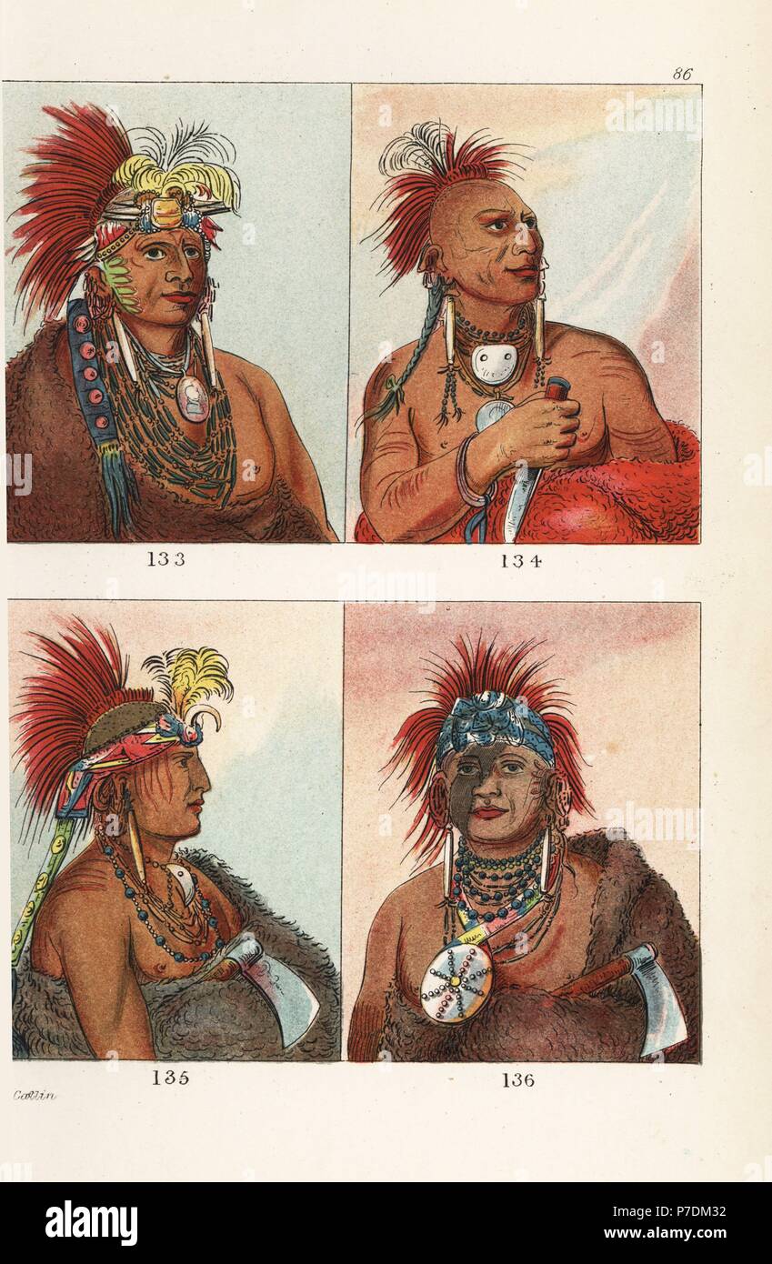 Kaw Kansa o nazione: il capo di sho-me-cos-se, Wolf, 133, Meach-o-shin-gaw, Piccolo Orso Bianco 134, Chesh-oo-hong-ha, uomo di buon senso 135, e Wa-hon-ga-shee, non ingannare 136. Con teste rasate decorate con cresta di Coda Di Cervo tinto di rosso. Handcolored litografia dal George Catlin's maniere, doganale e le condizioni degli Indiani del Nord America, Londra, 1841. Foto Stock