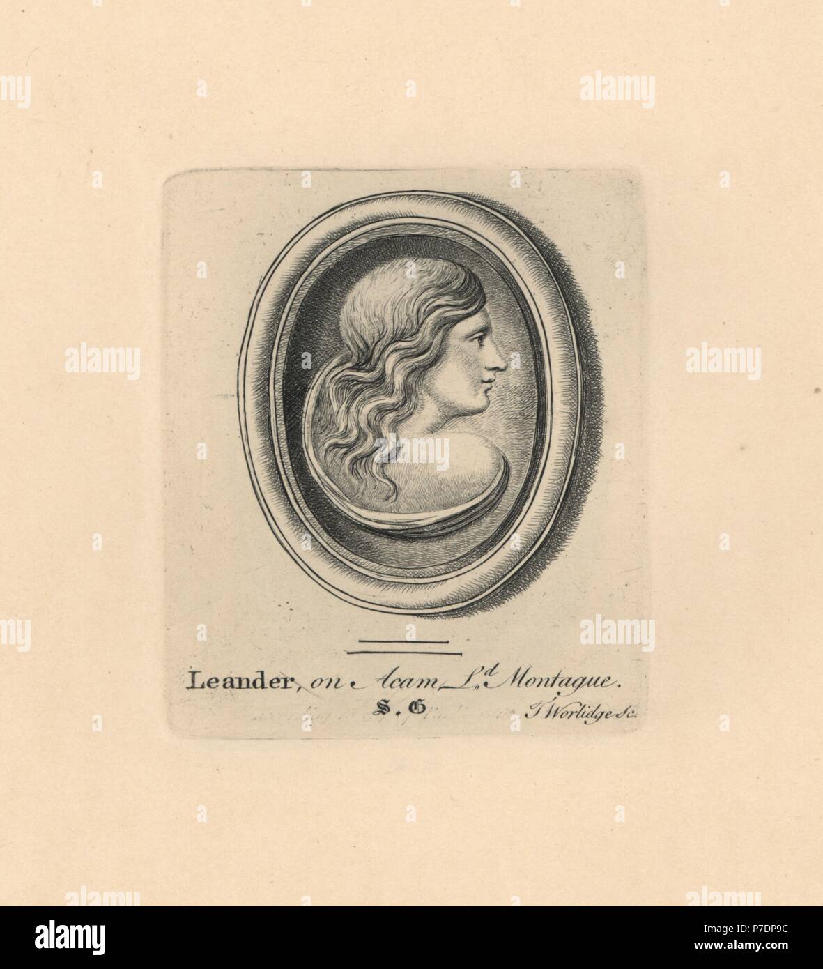 Ritratto di Leandro, gioventù e amante di eroe nel mito greco, sull acam da Lord Montague's collection. Incisione su rame di Thomas Worlidge da James Vallentin di cento e otto Incisioni da gioielli antichi, 1863. Foto Stock