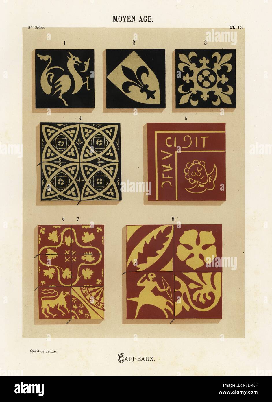 Le piastrelle di ceramica con disegni e modelli araldici, Medioevo. A mano chromolithograph finito da Ris Paquot generale dell'antica storia di francesi e stranieri in ceramica smaltata, Chez l'auteur, Parigi, 1874. Foto Stock