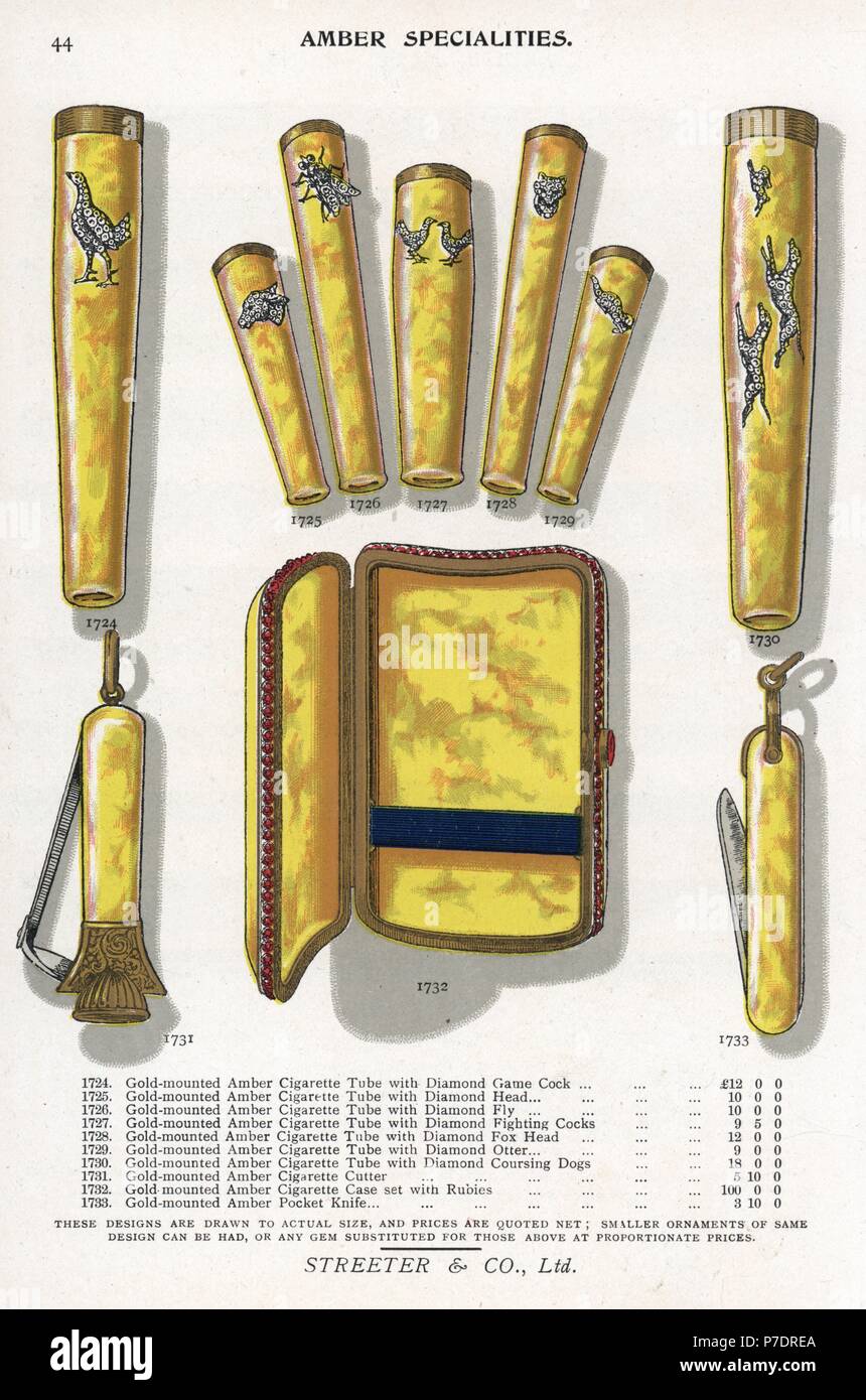 Montato in oro gioielli in ambra incluso tubo di sigaretta, sigarette  taglierina, portasigarette e coltello da tasca. Chromolithograph da Edwin  Streeter's Gems catalogo, Bond Street, Londra, circa del 1895 Foto stock -  Alamy