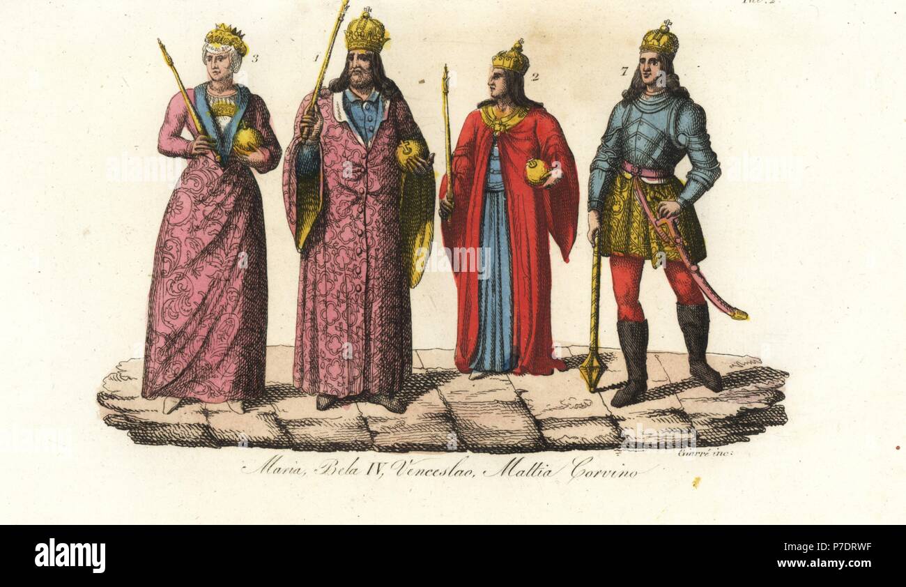 I righelli di Ungheria: Queen regnant Maria 3, Re Bela IV 1, Venceslao III di Boemia 2, e Matthias Corvinus 7. Handcolored incisione su rame da Giarre da Giulio Ferrario costumi dell Antico e Moderno di tutti i popoli del mondo, Firenze, 1847. Foto Stock