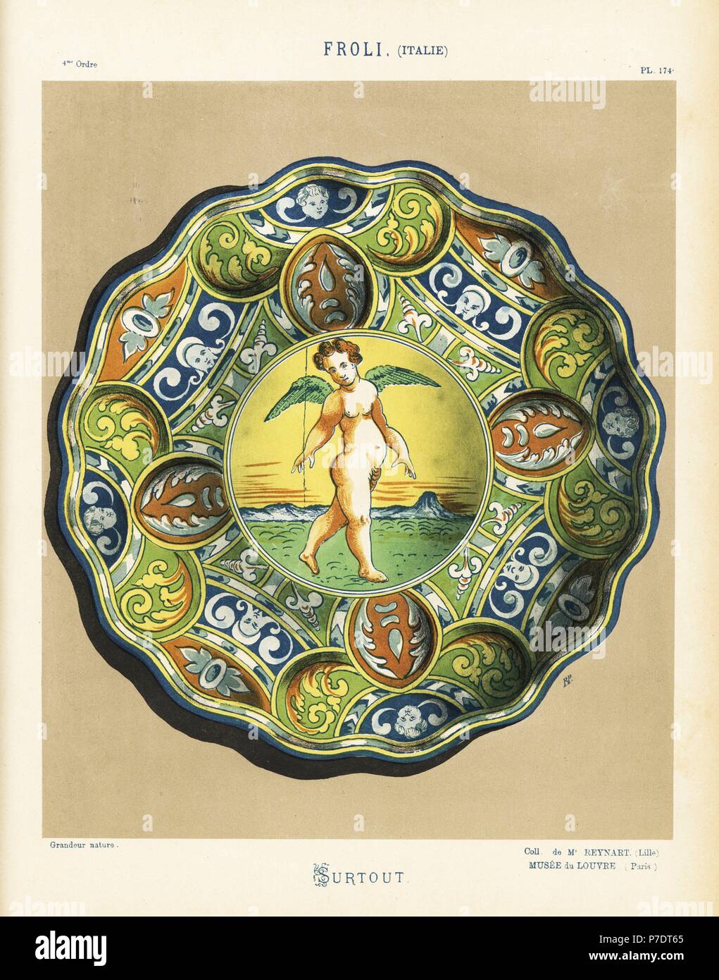 Centrotavola in maiolica rinascimentale di stagno in ceramica smaltata, Froli, Italia. Decorate con un amorino all'interno di un confine di zephyrs e fogliame. A mano chromolithograph finito da Ris Paquot generale dell'antica storia di francesi e stranieri in ceramica smaltata, Chez l'auteur, Parigi, 1874. Foto Stock