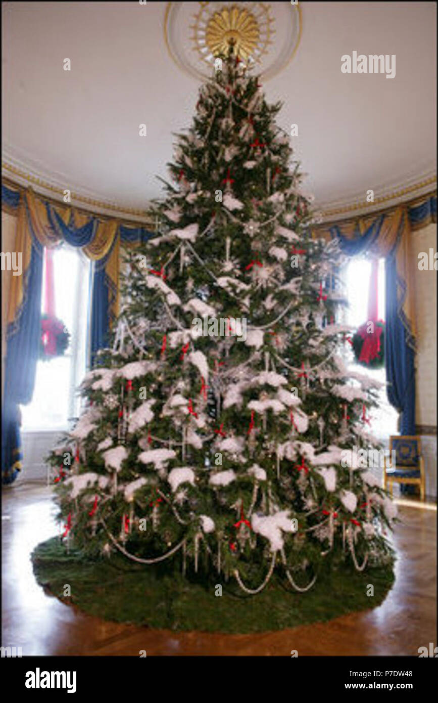2006 Camera Blu albero di Natale. 2006 Vacanze di Natale decorazioni. Casa bianca albero di Natale. Camera blu. Ordinato. Questo yearís ufficiale della Casa Bianca ad albero di Natale è un abete di Douglas donata dalla famiglia Botek, proprietari del cristallo molla Tree Farm in Lehighton, Pa. Il 18-piedi, 6 pollici tree si estende dal pavimento al soffitto nella camera blu. I rami sono sormontate da neve, accentati con nastri rossi e decorato con cristalli iridato e ornamenti in vetro. Foto Stock
