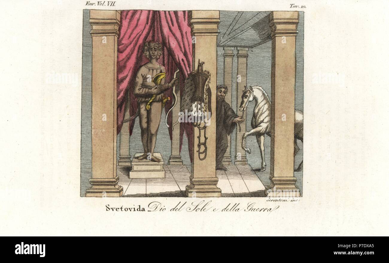 Svetovid, slave divinità della guerra e sun, raffigurato come un quattro-di fronte a Dio con un corno di abbondanza e di prua in un tempio. Un sacerdote predice il futuro osservando il comportamento di un cavallo bianco. Handcolored incisione su rame da Scrantoni da Giulio Ferrario costumi dell Antico e Moderno di tutti i popoli del mondo, Firenze, 1847. Foto Stock