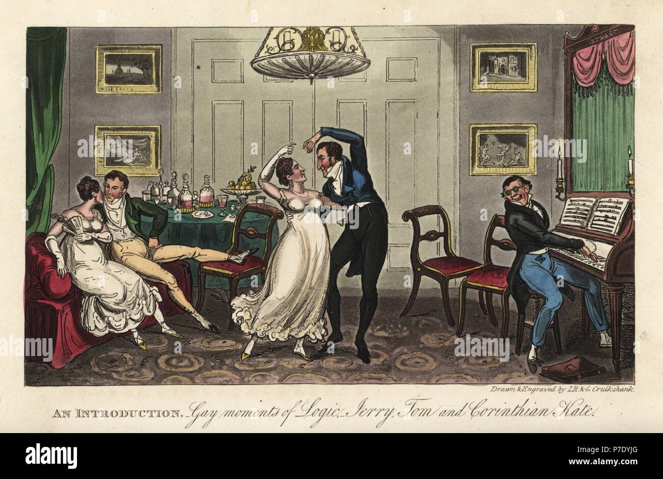 Inglese dandy georgiano e belle ballando un valzer mentre un uomo suona il pianoforte in un salotto. Introduzione: Gay momenti di logica, Jerry, Tom e Kate corinzio. Handcolored incisione su rame da Isaac Robert Cruikshank e George Cruikshank da Pierce Egan la vita in Londra, Sherwood, Jones, Londra, 1823. Foto Stock