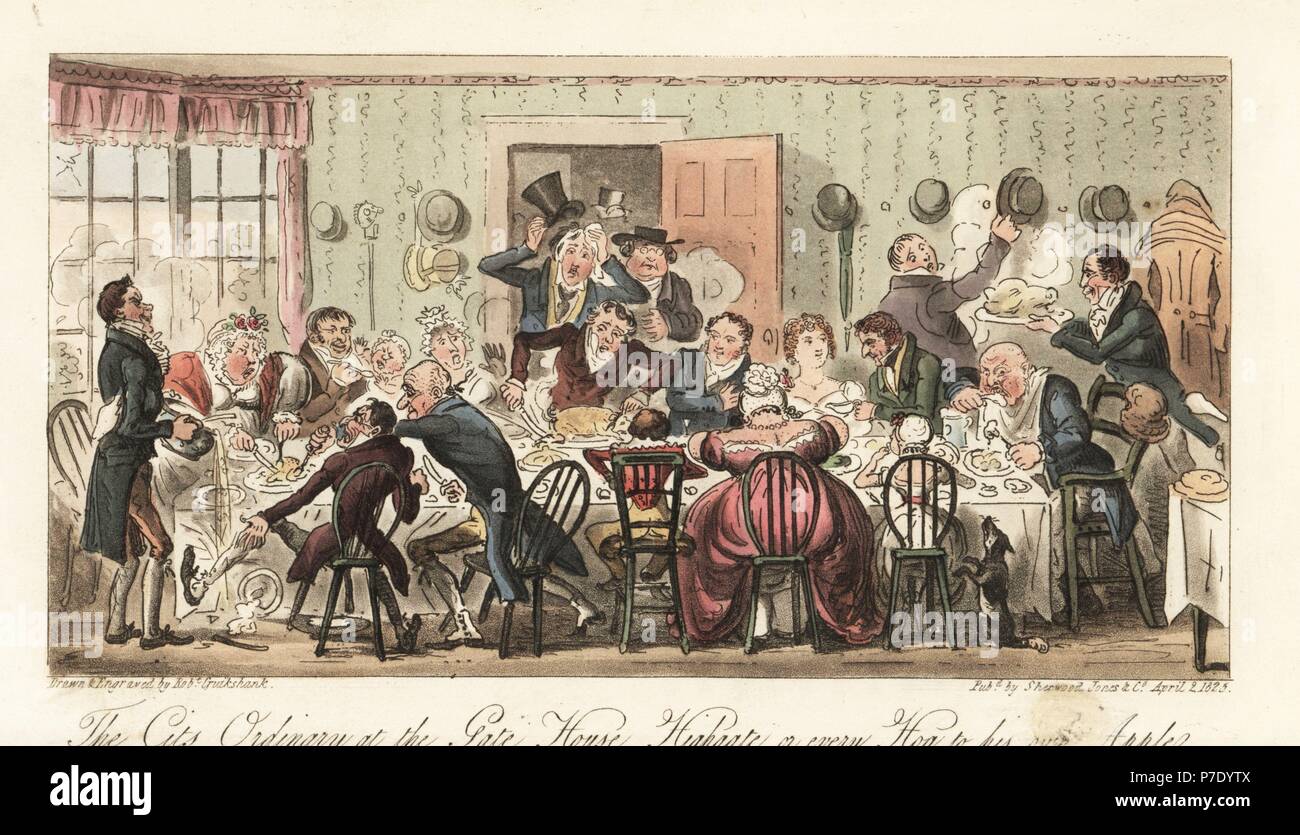 Regency alderman e commercianti stanno lottando per la cena presso la casa di gate, Highgate. Copperplate Handcolored disegnato e inciso da Robert Cruikshank dall'inglese Spy, Londra, 1825. Scritto da Bernard Blackmantle, uno pseudonimo di Charles Molloy Westmacott. Foto Stock