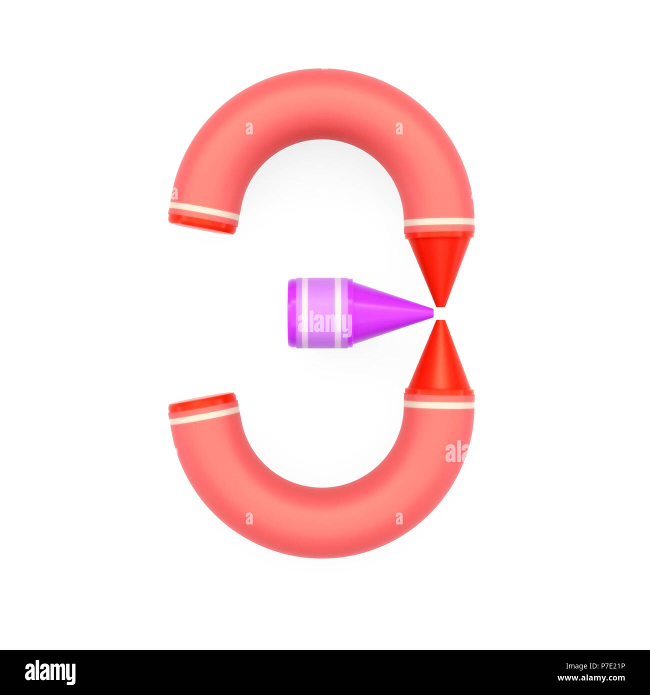 La cera colorata pastelli assemblato come lettera maiuscola ze di alfabeto cirillico su sfondo bianco, rendering 3D immagine font per l'educazione, arte e infantile Foto Stock