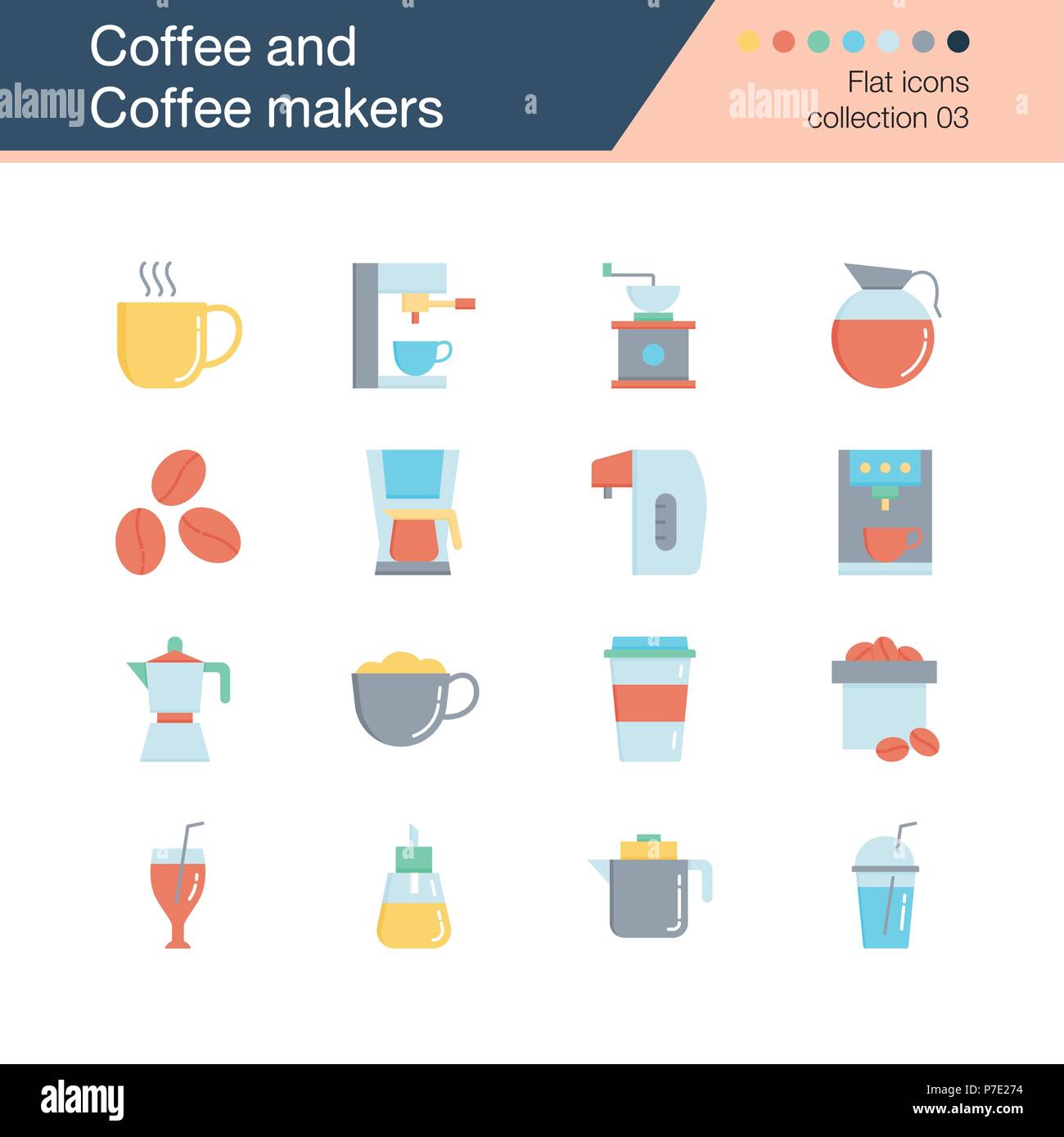 Caffè e caffè icone. Design piatto collezione 3. Per la presentazione, la progettazione grafica, l'applicazione mobile, web design, infographics. Vector illus Illustrazione Vettoriale