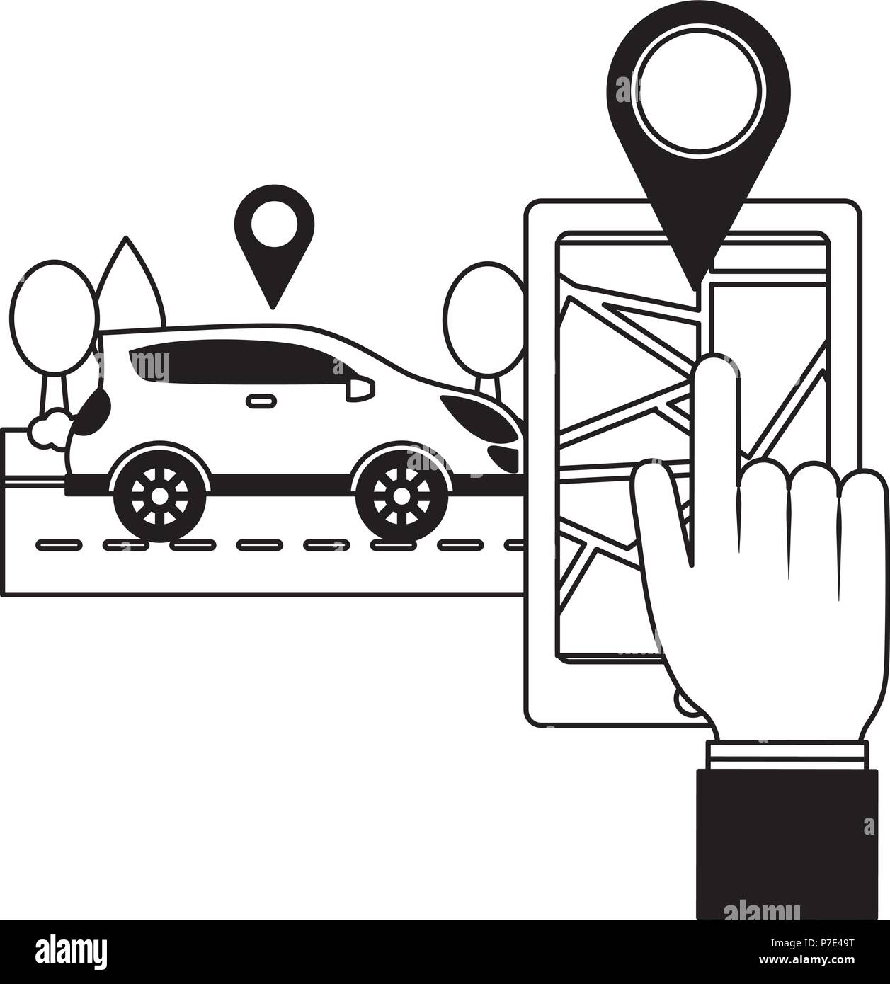 Mano posizione GPS sullo smartphone app auto illustrazione vettoriale Illustrazione Vettoriale
