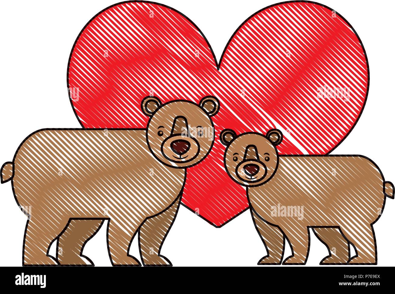 Carino coppia orso grizzly amore nel cuore illustrazione vettoriale Illustrazione Vettoriale