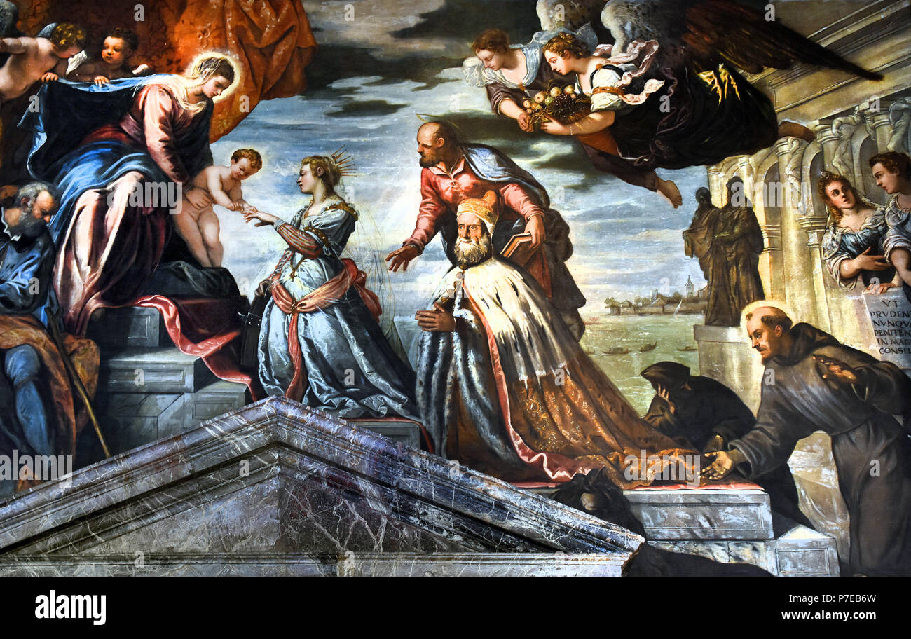 Il Matrimonio mistico di Santa Caterina assistita dal Doge Francesco Donà. Tintoretto ( Jacopo Comin - Jacopo Robusti ) 1518 - 1594 il Palazzo del Doge ( Palazzo Ducale ) Venezia, Italia. Foto Stock