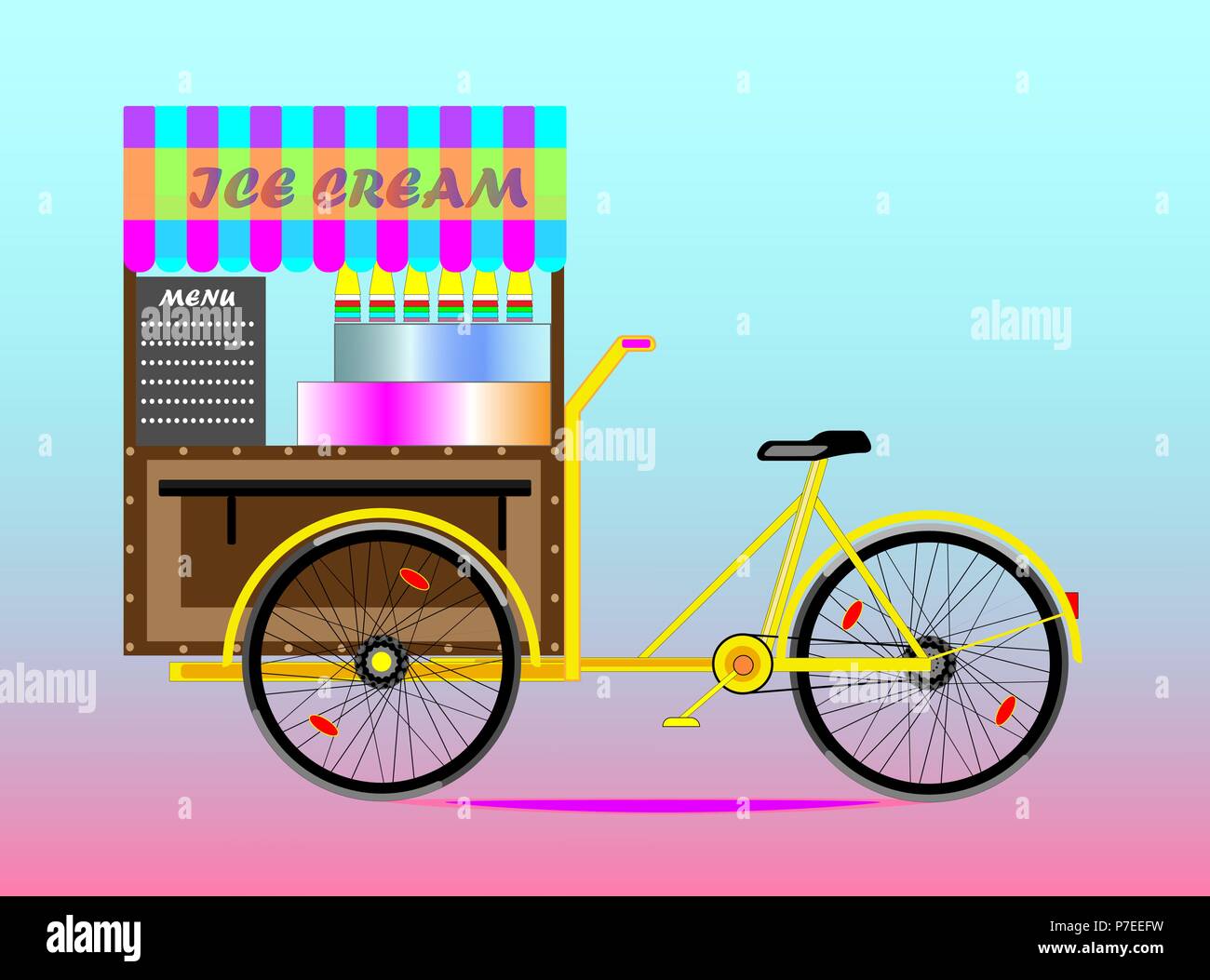 Biciclette su strada per la vendita del ghiaccio freddo crema in estate Illustrazione Vettoriale