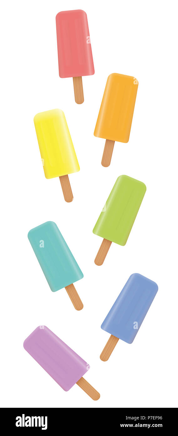 Popsicles. Variazione del colore fruttato ghiaccio congelato lollys, collocati in modo lasco - formato verticale illustrazione su sfondo bianco. Foto Stock