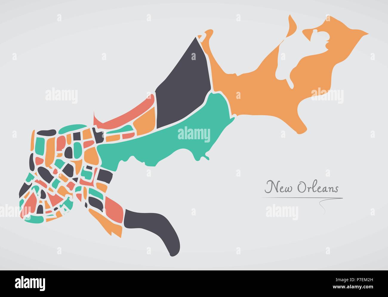 New Orleans in Louisiana mappa con i quartieri e di moderne forme rotonde Illustrazione Vettoriale