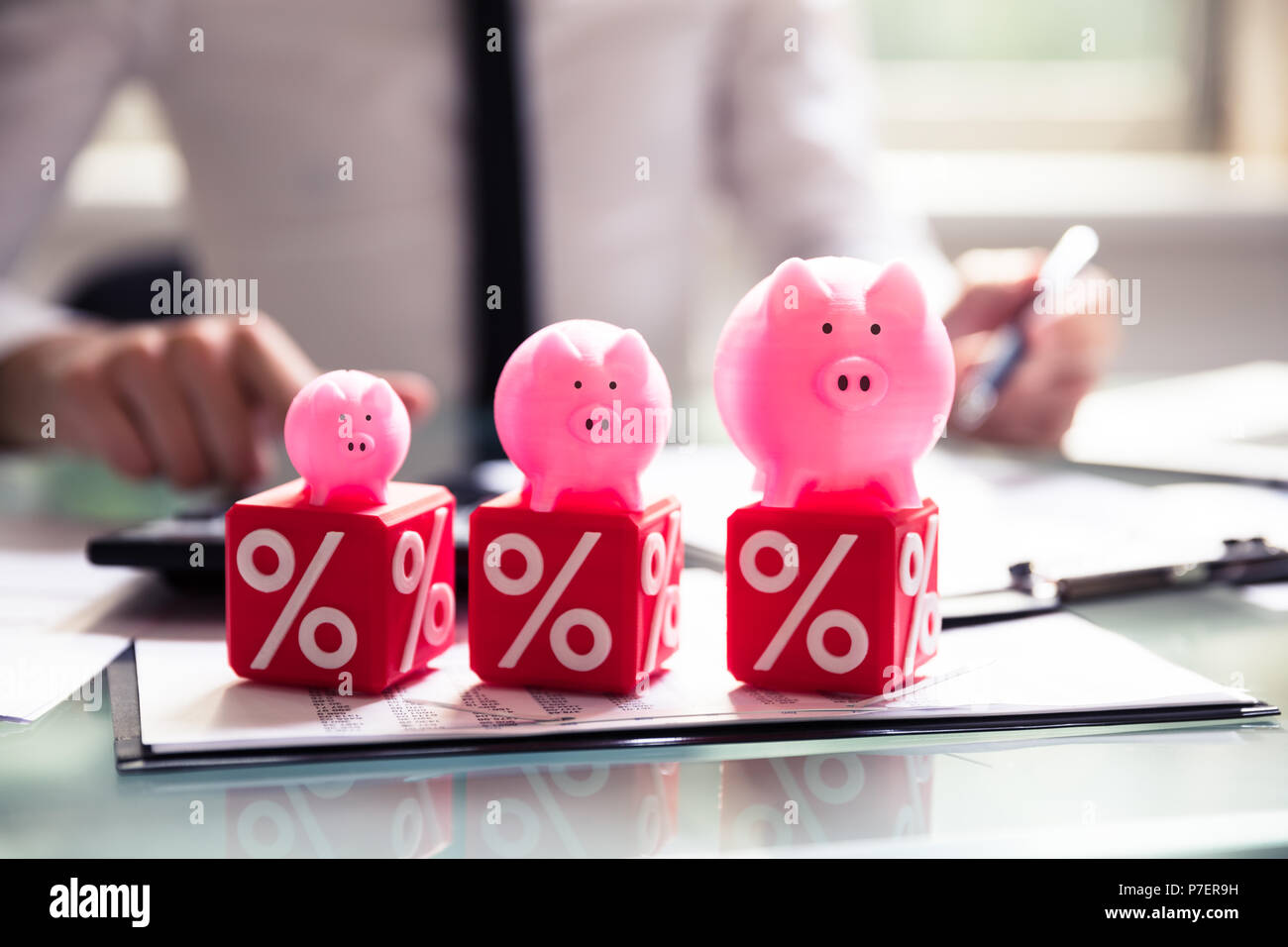 Aumento delle dimensioni del Piggybanks sui blocchi cubici con percentuale di simboli Foto Stock