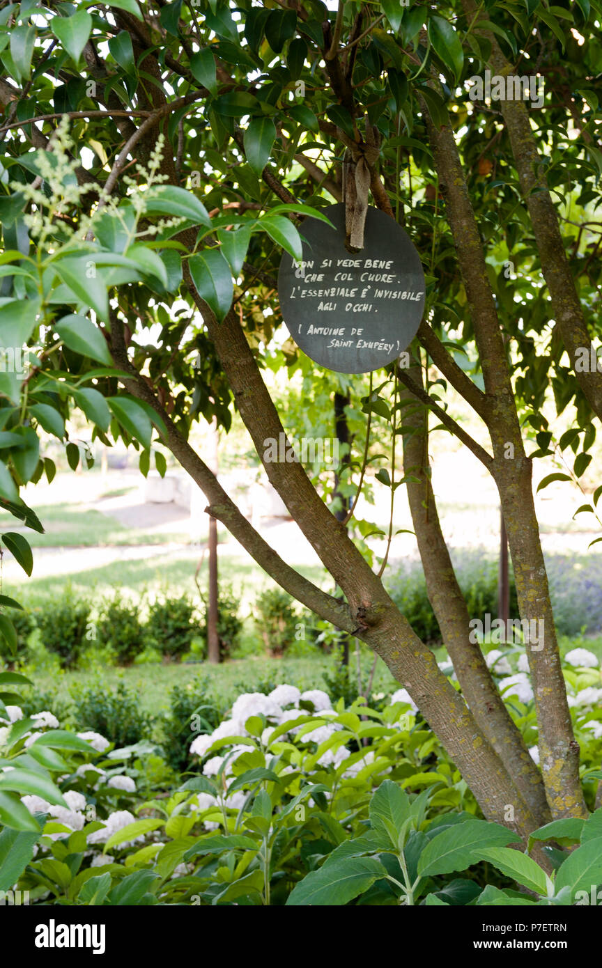 Segno legato ad un albero in giardino Foto Stock
