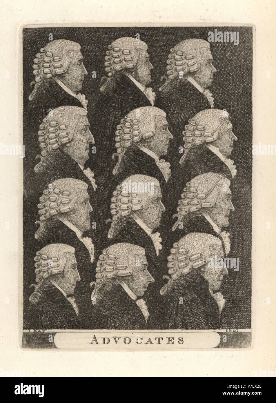 Dodici sostenitori invocare con parrucche. Incisione su rame di John Kay da una serie di ritratti di originale e la caricatura acqueforti, Hugh Paton, Edimburgo, 1842. Foto Stock