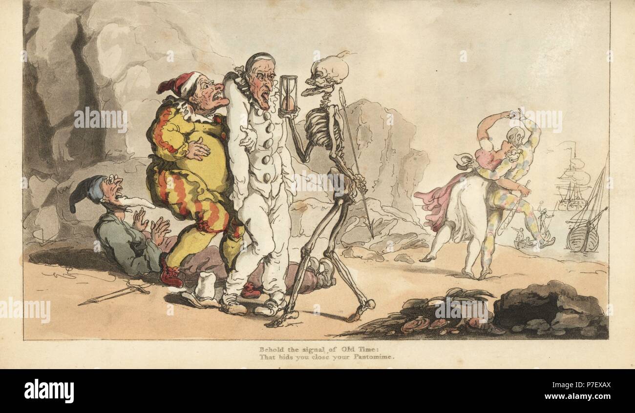 Lo scheletro della morte con clessidra e dart viene per un Pierrot e altri clown, mentre un arlecchino danze con una donna su una spiaggia. Copperplate Handcolored disegnato e inciso da Thomas Rowlandson dall'inglese Danza della morte, Ackermann, Londra, 1816. Foto Stock