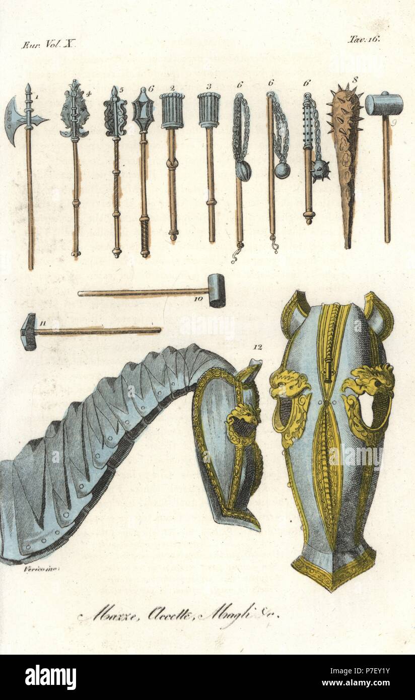 Battaglia medievale di armi e armature di cavallo barding. Varietà di ax, macis, martello, Mallet, Clava e champron crinet e corazza. Handcolored incisione su rame da Verico da Giulio Ferrario le antiche e moderne costumi di tutti i popoli del mondo, Firenze, Italia, 1844. Foto Stock