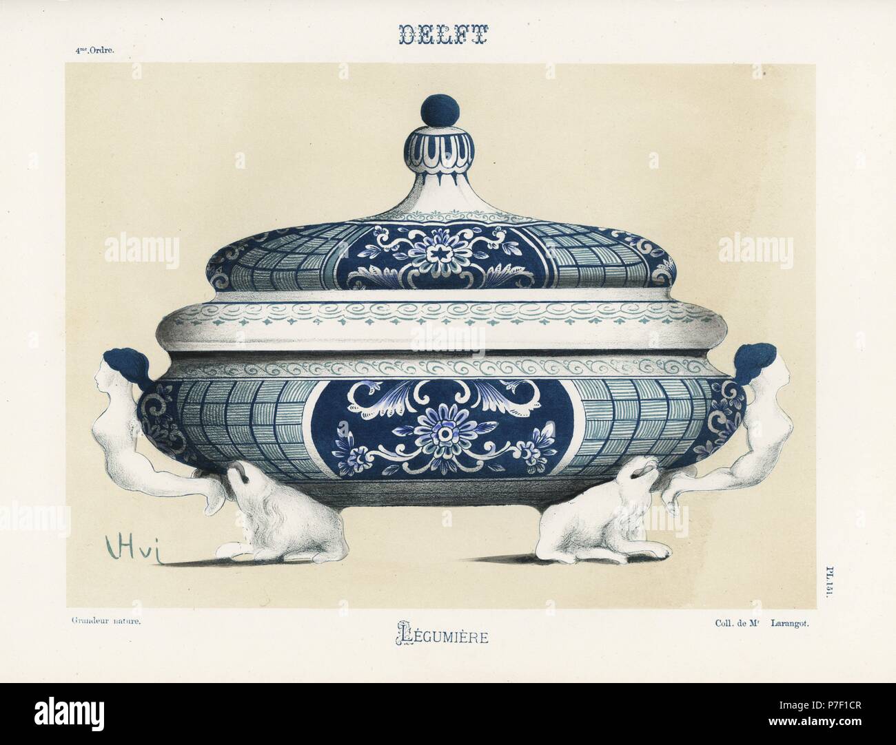 Legumiere o piatto di verdure da delft, Paesi Bassi, XVIII secolo, con reticolo e motivo floreale, ninfa maniglie e recare le gambe. A mano chromolithograph finito da Ris Paquot generale dell'antica storia di francesi e stranieri in ceramica smaltata, Chez l'auteur, Parigi, 1874. Foto Stock