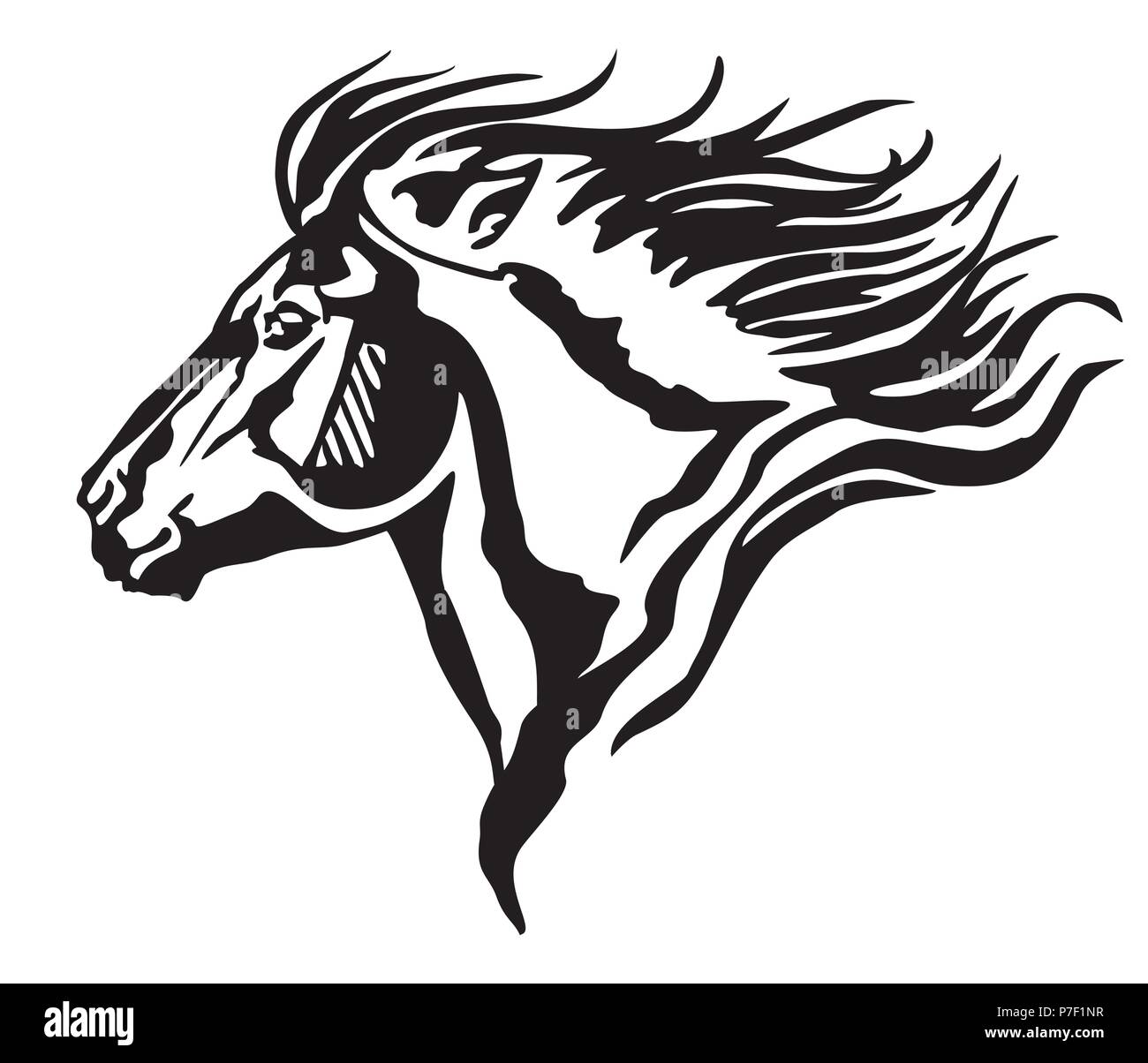 Ritratto decorativo in profilo di esecuzione di pony con lunga criniera, vettore illustrazione isolato in colore nero su sfondo bianco. Immagine per design e t Illustrazione Vettoriale