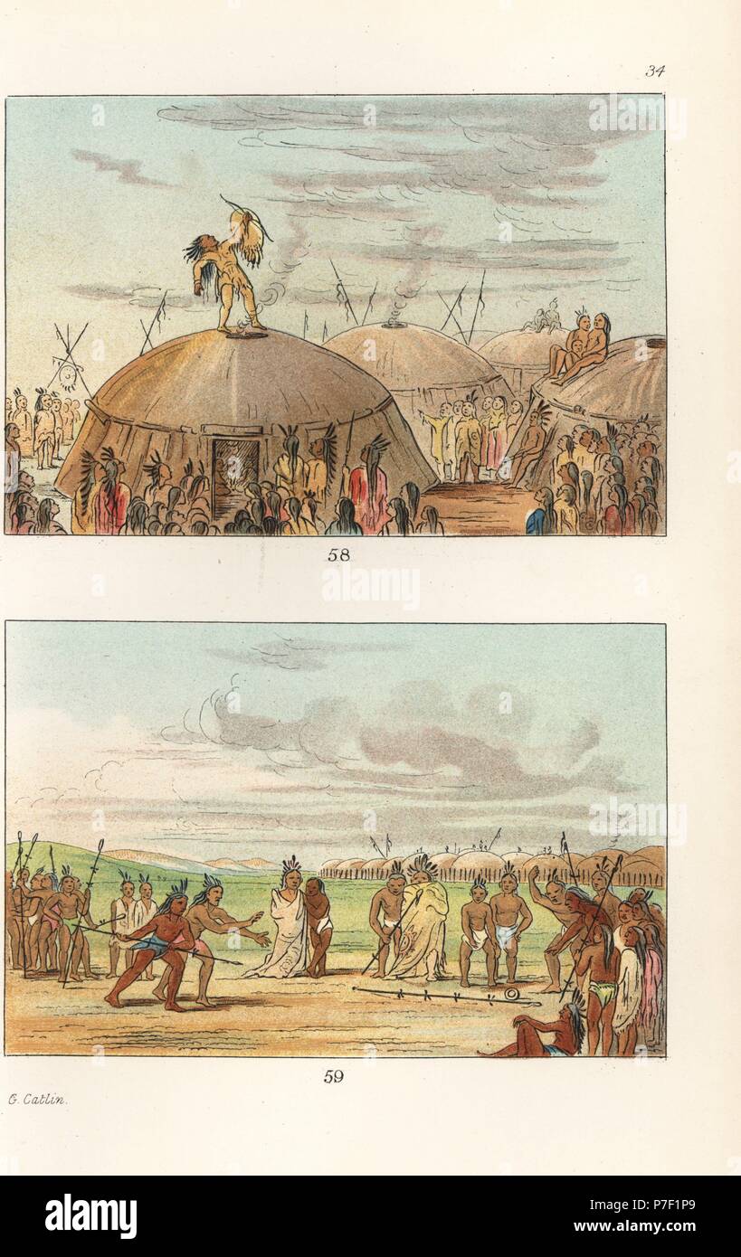 Mandan uomo medicina Wak-a-dah-ha-hee, Bianco Buffalo i capelli, eseguendo una danza della pioggia e guerrieri Mandan giocando Tchung-kee, un gioco di abilità giocato con un anello e bastoni. Handcolored litografia dal George Catlin's maniere, doganale e le condizioni degli Indiani del Nord America, Londra, 1841. Foto Stock