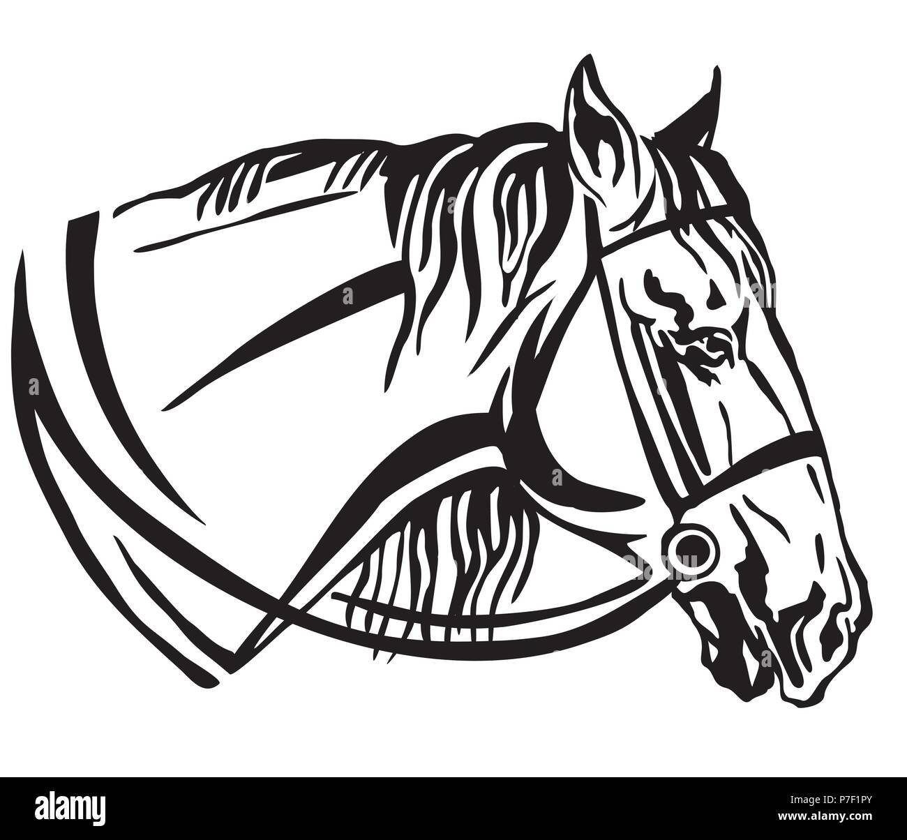 Ritratto decorativo nel profilo del cavallo con la briglia, vettore isolato illustrazione in colore nero su sfondo bianco. Immagine per design e tatuaggio. Illustrazione Vettoriale