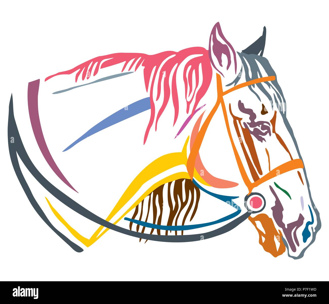 Decorativo colorato ritratto nel profilo del cavallo con la briglia, illustrazione vettoriale in colori diversi isolati su sfondo bianco. Immagine per la progettazione di un Illustrazione Vettoriale