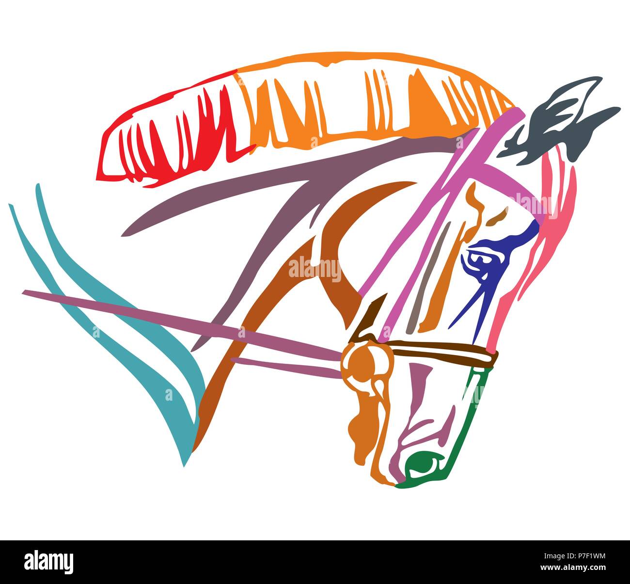 Decorativo colorato ritratto nel profilo del cavallo con la briglia, illustrazione vettoriale in colori diversi isolati su sfondo bianco. Immagine per la progettazione di un Illustrazione Vettoriale