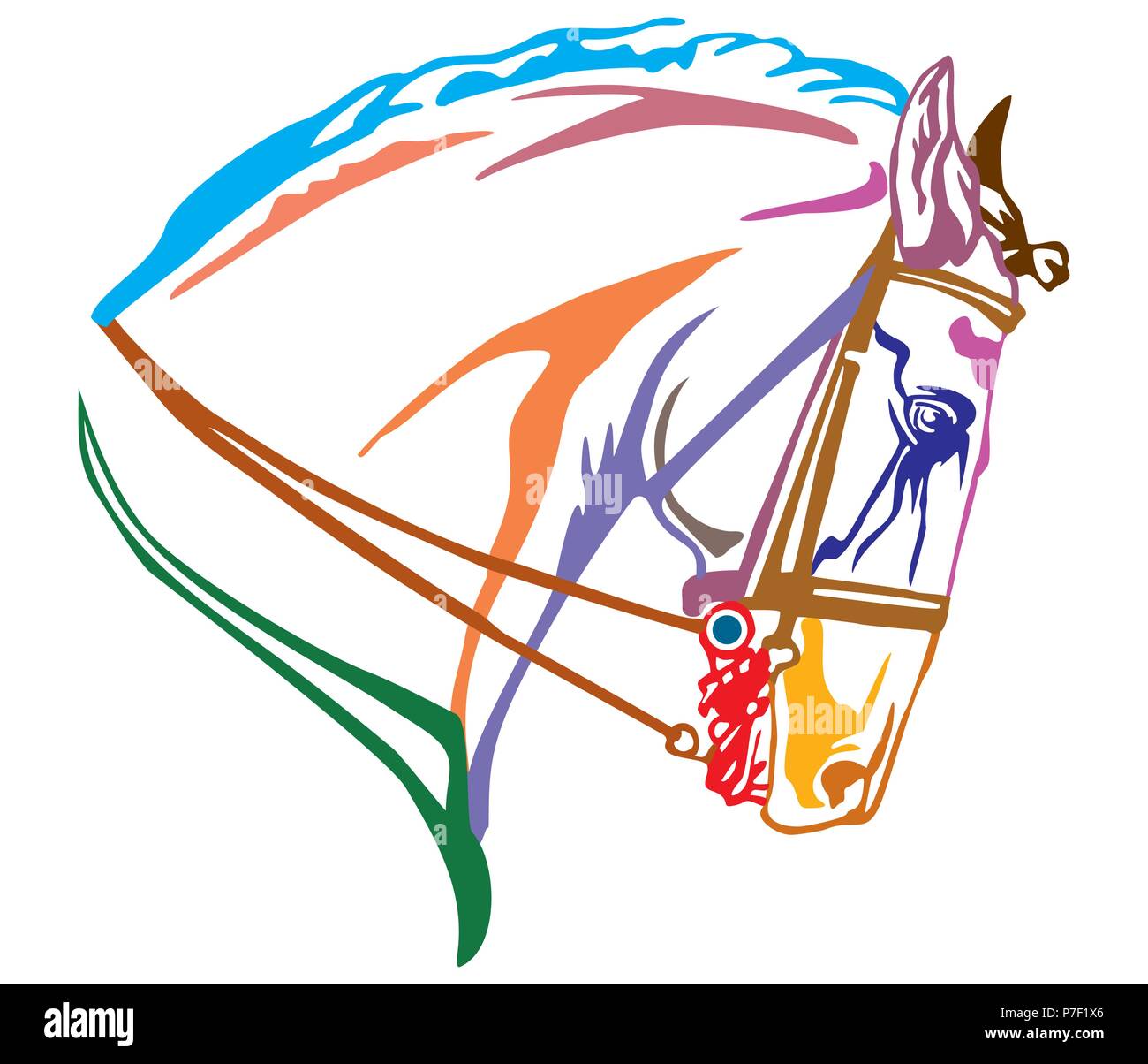 Decorativo colorato ritratto nel profilo del cavallo Andaluso con briglia, illustrazione vettoriale in colori diversi isolati su sfondo bianco. Immagine f Illustrazione Vettoriale