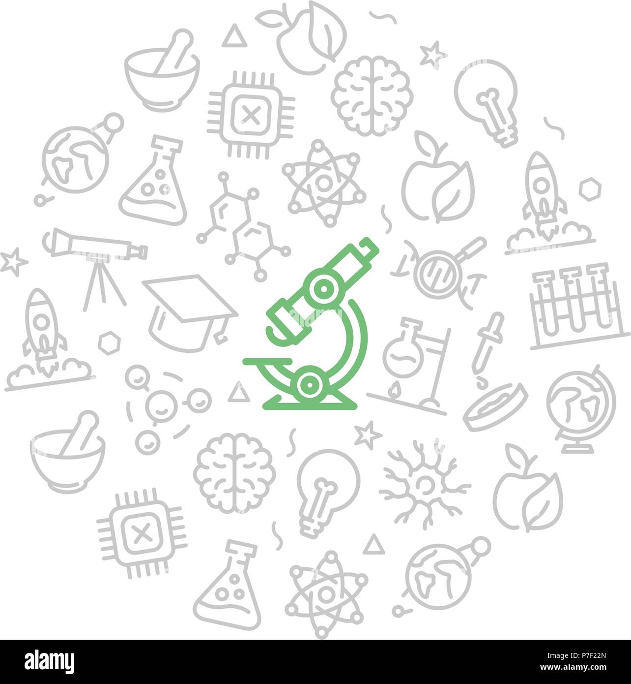 Set di vettore per la scienza e la ricerca di icone cerchio nel concetto di design. Illustrazione per presentazioni su sfondo bianco Illustrazione Vettoriale